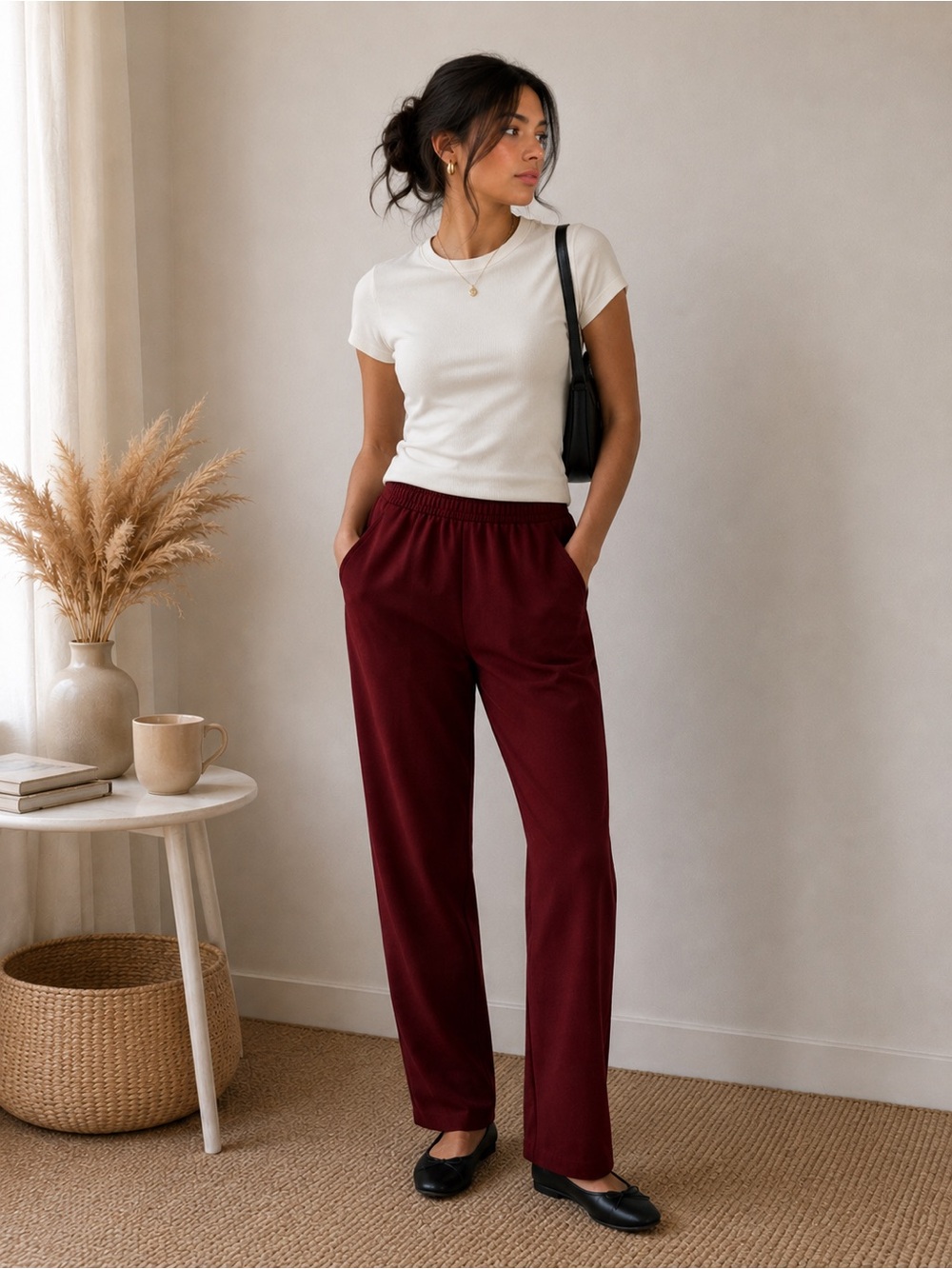 Burgundy Pull On Straight Leg Pants Petite Stretch Minimal Trouser